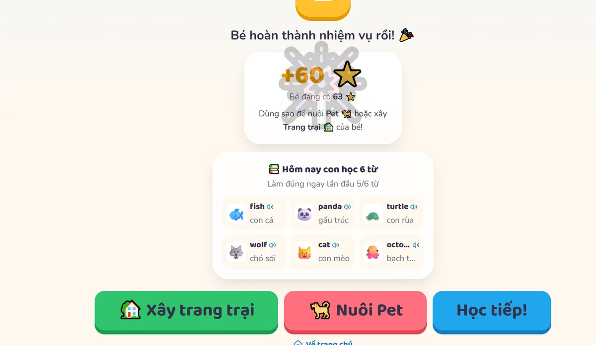 Màn hình kết quả Englumi liệt kê 6 từ bé vừa học kèm nghĩa tiếng Việt
